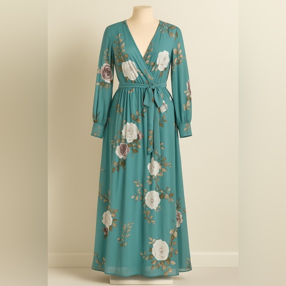 Fashion Nova Plus Size 1X Maxi Dress Teal Blue Floral Long Sleeve Chiffon Wrap - Picture 1 of 12